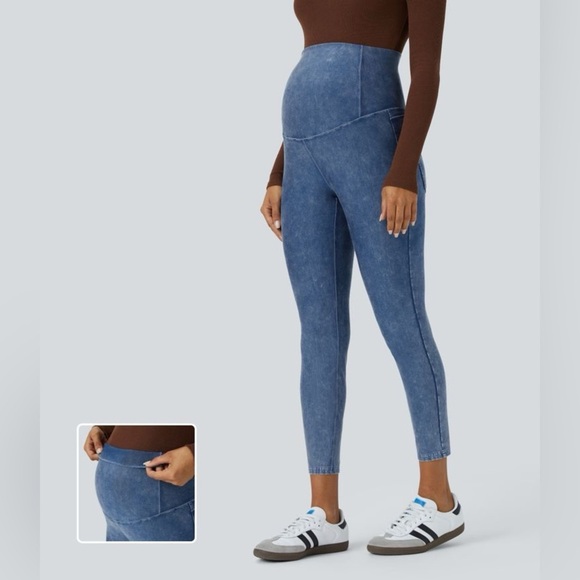 Halara Flex™ Super High Waisted Foldover Stretchy Denim Maternity 7/8 Leggings - Picture 1 of 4